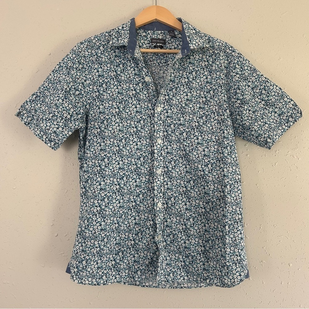 Van Heusen Blue Floral Casual Button Down Shirt Medium Slim Fit